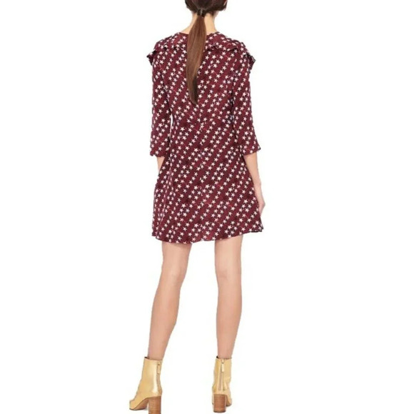 Sandro Burgundy Star Print 100% Silk Round Neck Ruffle Mini Dress Size 1=S US - Picture 2 of 13